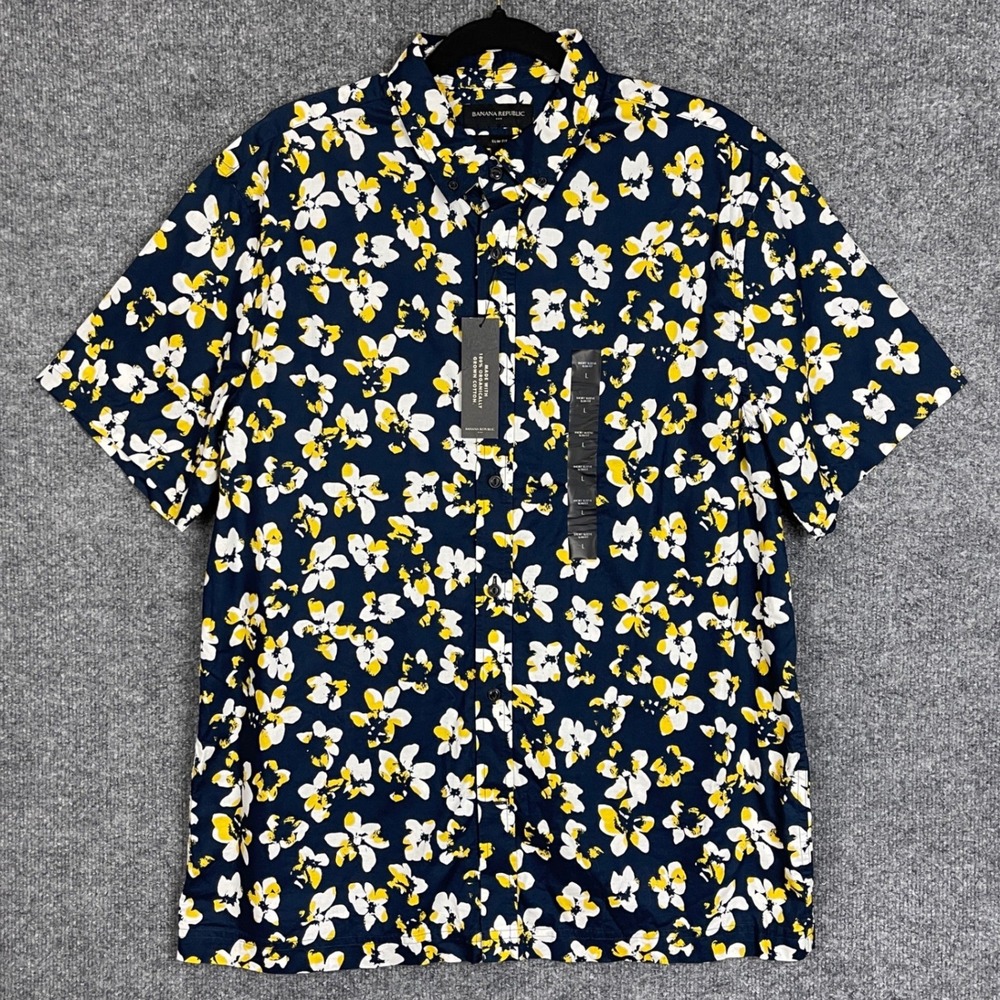 NEW Banana Republic Button Down Shirt Mens L Navy Floral  Slim Fit Short Sleeve